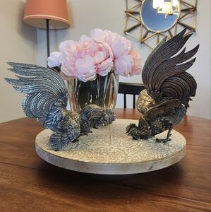 Pair Of Brass Fighting Roosters